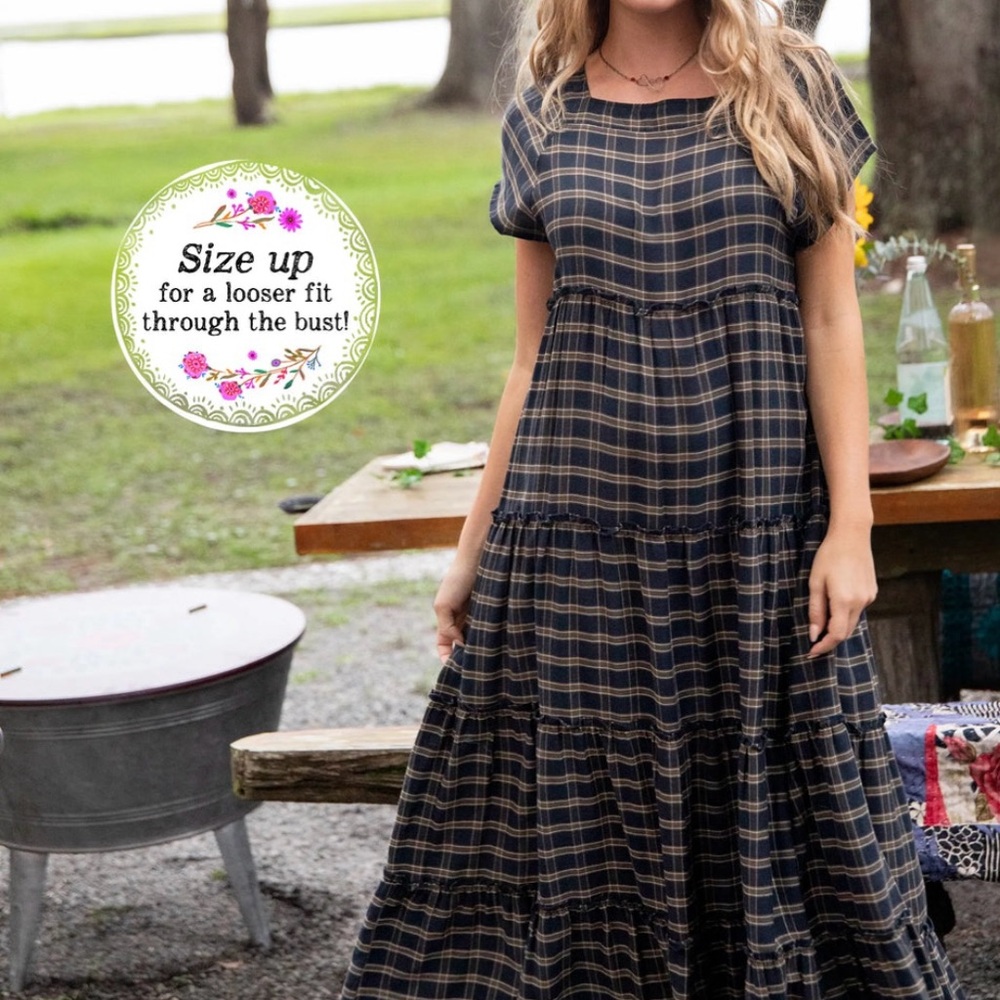 NATURAL LIFE Berkley Maxi Dress; Navy and Tan Tiered Maxi Sundress